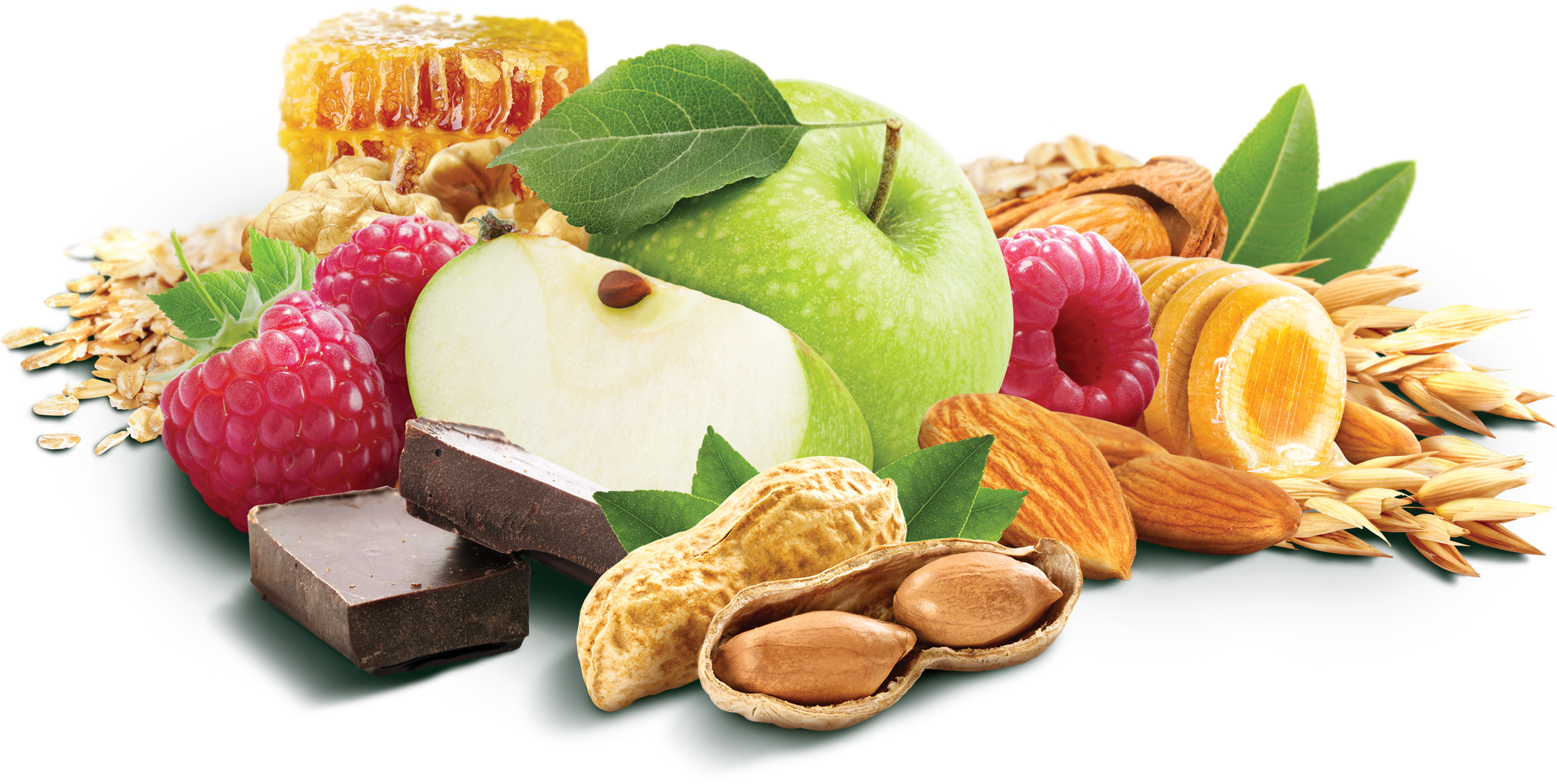 A graphic of a collection of assorted ingredients: honeycomb, oats, wheat, apples, raspberries, almonds, peanuts, and dark chocolate.